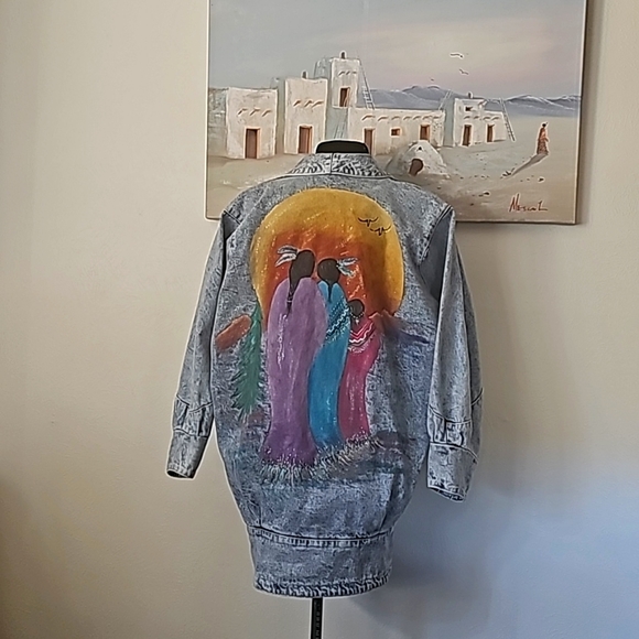 Eunina vtg 80s long jean denim jacket Southwestern artwork Native made in USA - Picture 3 of 14